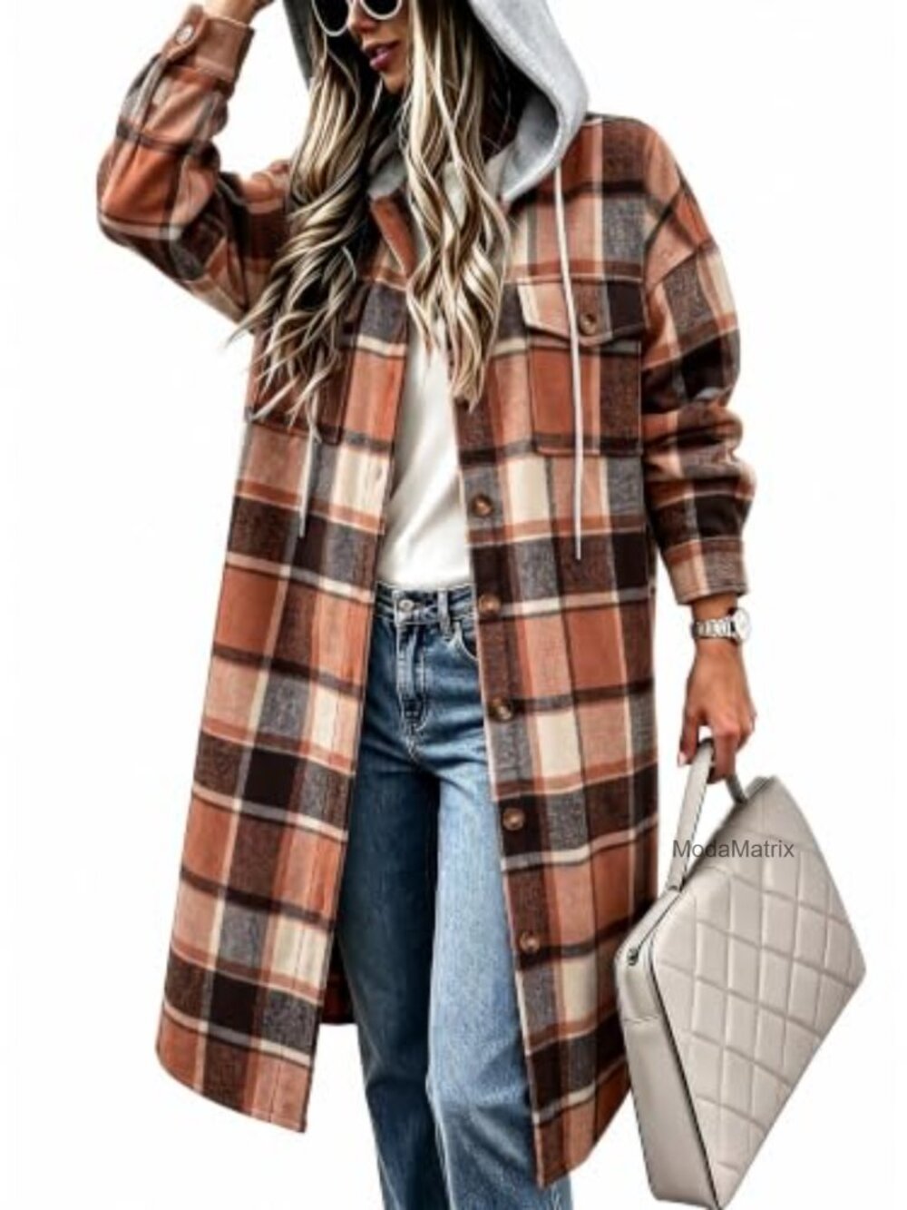 Plaid Flannel Hooded Shacket Oversized Boyfriend Fit Jacket
